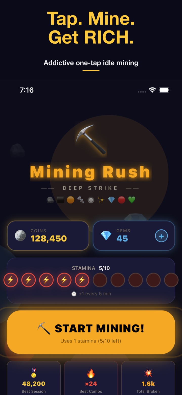 Mining Rush — Main screen